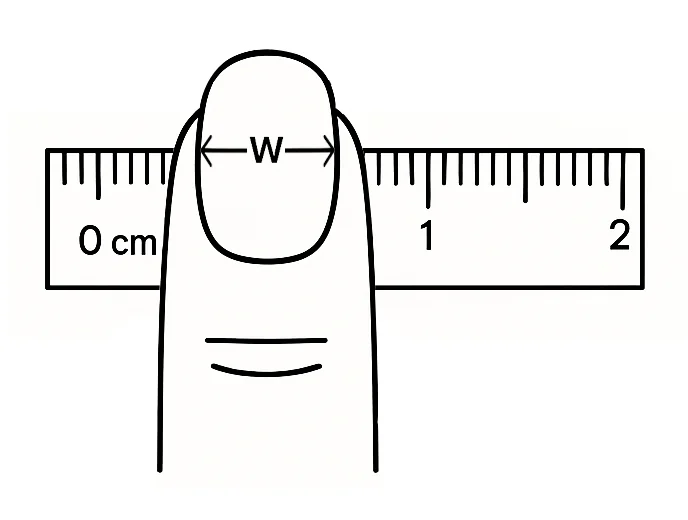 Instructional diagram showing how to measure your nail width for press-on nails using a ruler or soft tape