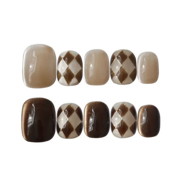 Chocolate coffee brown and nude cat eye press-on nails with argyle pattern – trendy short fake nails