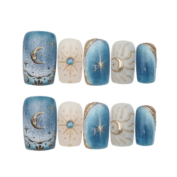 Blue celestial cat eye press-on nails with gold sun, moon, and star accents – medium squoval fake nails