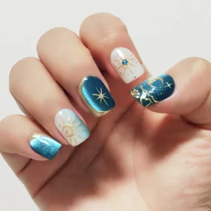 Close-up of 3D handmade blue celestial cat eye fake nails