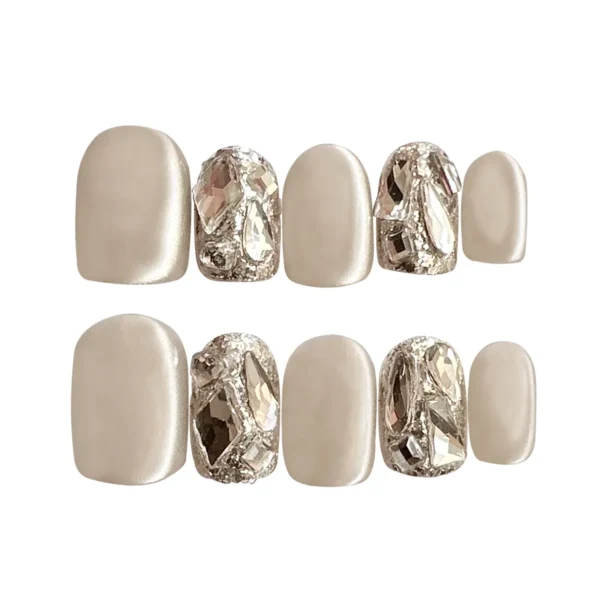 Champagne gold cat eye press-on nails with crystal rhinestones – 3D handmade medium fake nails