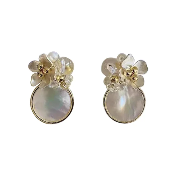 Natural mother-of-pearl clip-on earrings with silver flower clusters