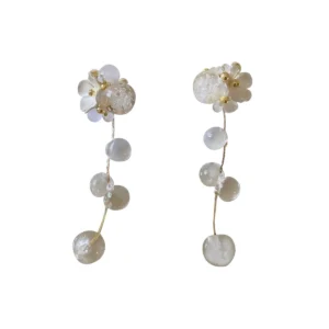 Japanese alloy flower earrings with detachable cascading clear resin bead tassels