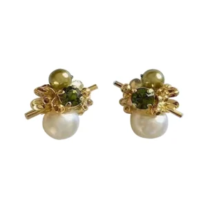 Japanese alloy earrings featuring Austrian olive green crystals with lustrous pearl drops