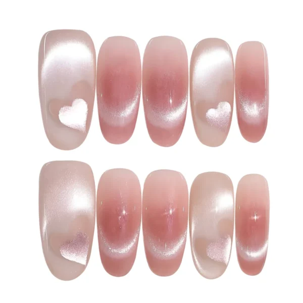 Pink cat eye press-on nails with sweet heart shimmer effect – long oval fake nails