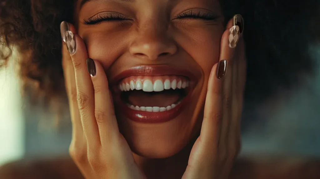 Smiling woman with hands on cheeks wearing reusable press-on nails – stylish nail fashion accessory for daily looks