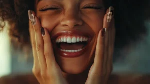 Smiling woman with hands on cheeks wearing reusable press-on nails – stylish nail fashion accessory for daily looks