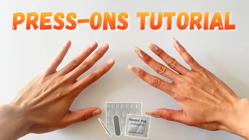 Step-by-step press-on nail application using jelly adhesive tabs, showing hands applying a nail for a clean, salon-quality finish.