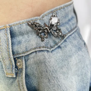 butterfly No Sew and No Tools Button Pins for Jeans detail showing dual pin posts and metal backing discs gunmetal finish